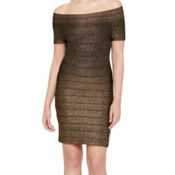 Guess Dresses & Skirts - Sexy black and gold off the shoulder body con dress